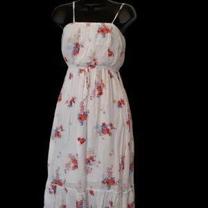 Blue Rain White Dress with Spaghetti Straps, Floral Pattern throughout sz Small